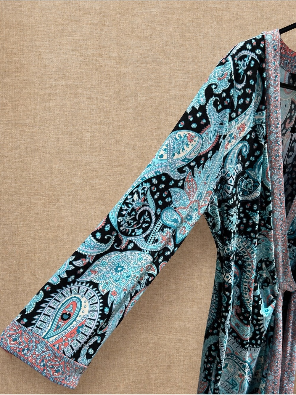 BCBG MaxAzria Adele 3/4 Sleeve Wrap Dress Paisley Boho Western Resort Career, M - Picture 10 of 16